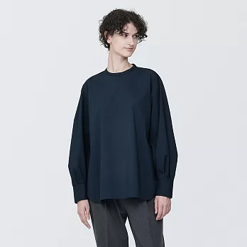 【MUJI 無印良品】女棉混聚酯纖維不易起皺平織布立領長袖套杉 S 暗藍