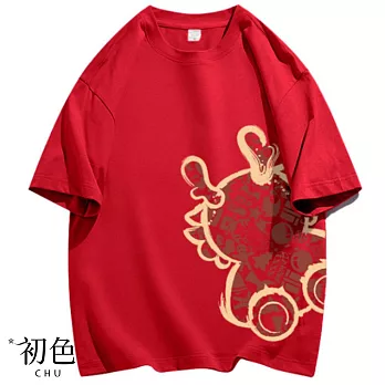 【初色】圓領寬鬆卡通小龍印花五分短袖中長款T恤上衣女上衣-共5色-32863(M-2XL可選) 2XL 紅色