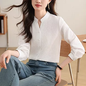 【MsMore】 棉布緹花V領襯衫新款休閒簡約質感薄款長袖短版# 121004 2XL 白色