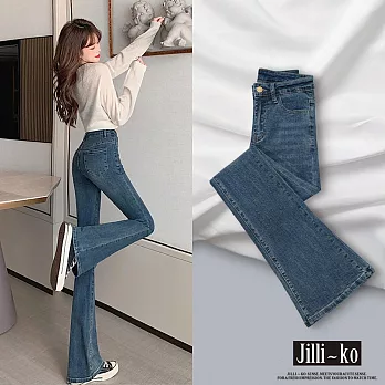 【Jilli~ko】微喇叭彈力牛仔褲女顯瘦顯高修身中大尺碼 M-2XL J11689  XL 藍色