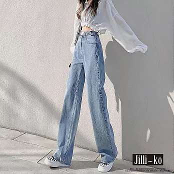 【Jilli~ko】多扣可調直筒牛仔褲女高腰顯瘦寬鬆中大尺碼 J11691  L 淺藍色