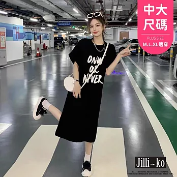 【Jilli~ko】韓系印花寬鬆簡約開衩T恤連衣裙中大尺碼 J11707  FREE 黑色