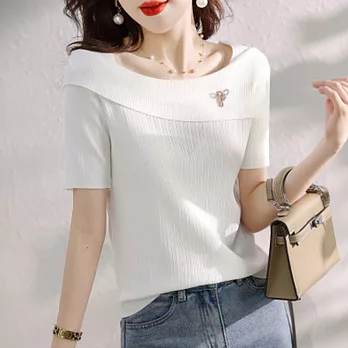 【MsMore】 一字領氣質短袖薄款修身顯瘦冰絲時尚針織衫短版上衣# 121202 FREE 白色