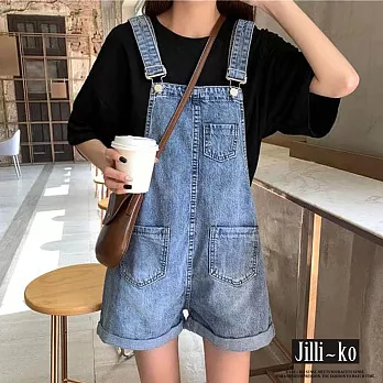 【Jilli~ko】復古工裝顯瘦設計感卷邊牛仔背帶短褲 J11699  FREE 藍色