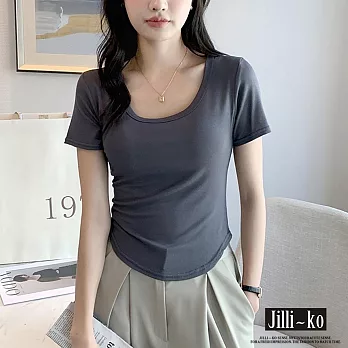 【Jilli~ko】中大尺碼春夏短袖薄款U領彈性百搭簡約短版T恤 M-XXL J11785  M 深灰色