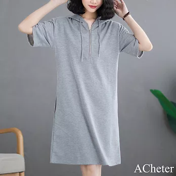 【ACheter】 韓版大碼連帽抽繩短袖拉鍊V領連身裙中長洋裝# 121475 L 灰色