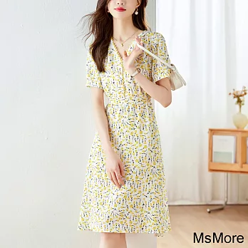 【MsMore】 淺黃碎花短袖連衣裙雪紡中長版收腰顯瘦優雅洋裝# 121404 L 黃色