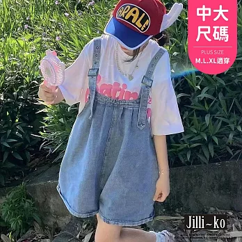 【Jilli~ko】學生減齡風夏季寬鬆牛仔吊帶褲女 J11752  FREE 藍色