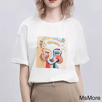 【MsMore】 印花短袖T恤休閒減齡圓領短版上衣# 121505 2XL 白色