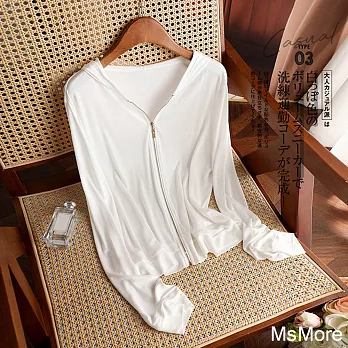【MsMore】 白色滿分絲滑親膚絲防曬長袖時尚連帽短版外套# 121751 2XL 白色