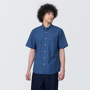 【MUJI 無印良品】男有機棉水洗牛津布扣領短袖襯衫 S 藍色