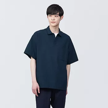 【MUJI 無印良品】男棉混涼感短袖布帛POLO衫 XL 深藍