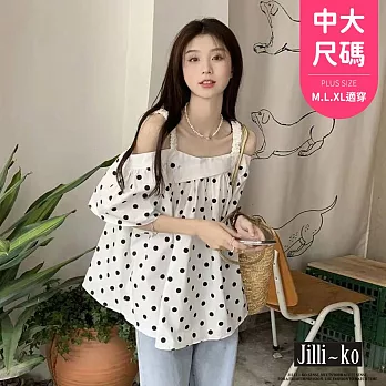 【Jilli~ko】中大尺碼一字肩吊帶波點短款上衣女 J11776  FREE 白色