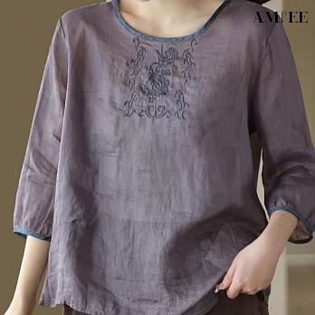 【AMIEE】棉麻刺繡文藝拼色圓領襯衫(KDTY-5808) M 紫色