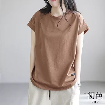 【初色】純色寬鬆短袖T恤上衣女上衣-5款任選-32577(M-2XL可選) XL C.咖啡色