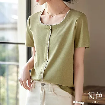 【初色】清涼感簡約方領撞色貝殼繡短袖襯衫上衣女上衣-綠色-33970(M-2XL可選) M 綠色