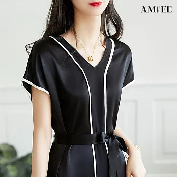 【AMIEE】氣質緞面連身裙洋裝(KDDY-0632) 2XL 黑色
