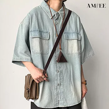 【AMIEE】日系工裝風百搭牛仔襯衫(男裝/KDTY-A041) M 淺藍