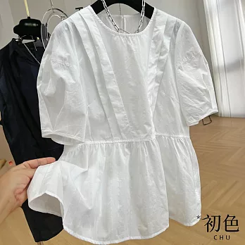 【初色】純色拼接圓領棉麻風娃娃衫短袖T恤女上衣-共2色-33665(M-2XL可選) M 白色