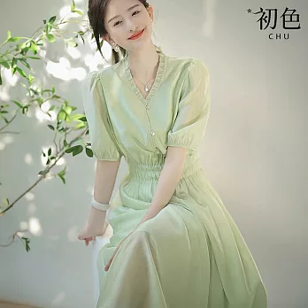【初色】純色收腰顯瘦休閒百搭荷葉邊V領短袖連衣裙A字裙洋裝-綠色-33821(M-2XL可選) M 綠色
