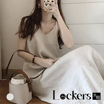 【Lockers 木櫃】Chic風吊帶棉麻純色V領寬鬆連身裙 L113080101 F 米白色