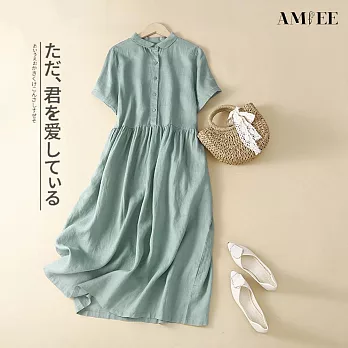 【AMIEE】拼接純色棉麻短袖連衣裙洋裝(KDDY-8690) M 綠色