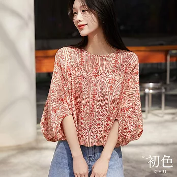 【初色】復古印花後背大蝴蝶結蝙蝠七分短袖襯衫上衣-共2色-67722(M-XL可選) L 橘色