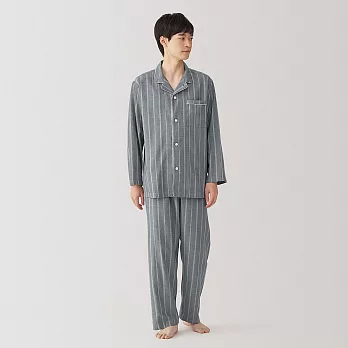 【MUJI 無印良品】男無側縫二重紗織家居睡衣 M 深藍直紋