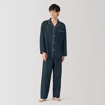 【MUJI 無印良品】男無側縫二重紗織家居睡衣 M 暗藍紋樣