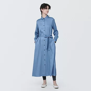 【MUJI 無印良品】女嫘縈混標準領長袖洋裝 S 煙燻藍