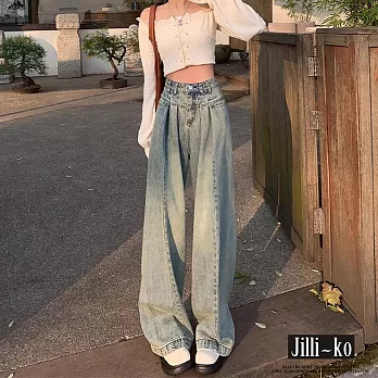 【Jilli~ko】復古高腰顯瘦垂感直筒牛仔褲 M-XXL J11726  M 藍色