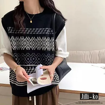 【Jilli~ko】復古幾何紋緹花套頭無袖針織馬甲 J11919  FREE 黑色