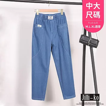 【Jilli~ko】中大尺碼鬆緊高腰九分天絲牛仔褲 J11827  FREE 深藍