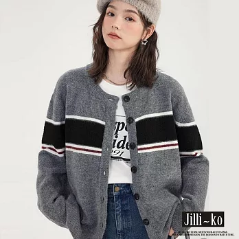 【Jilli~ko】學院風撞色圓領針織開衫 J11922  FREE 灰色