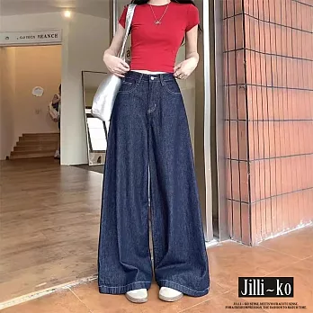 【Jilli~ko】復古美式高腰深色牛仔褲女港風氣質寬鬆顯瘦闊腿拖地褲子 M-XL J11961  M 深藍色