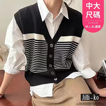 【Jilli~ko】條紋拼色針織馬甲V領寬鬆無袖洋氣時髦坎肩背心 J11921  FREE 黑色