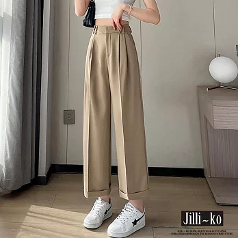 【Jilli~ko】窄版捲邊西裝褲女九分直筒褲設計感休閒闊腿褲 L-XL J11977  L 卡其色