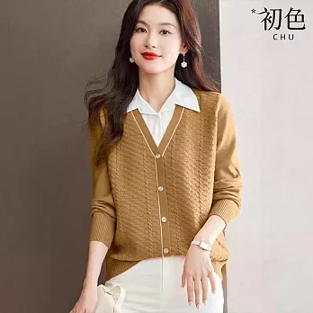 【初色】假兩件拼接V領毛衣長袖針織襯衫上衣女上衣-共4色-38393(F可選) F 駝色