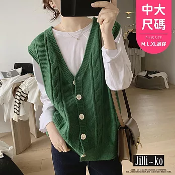 【Jilli~ko】新款減齡寬鬆顯瘦麻花針織V領背心開衫 J9570  FREE 綠色