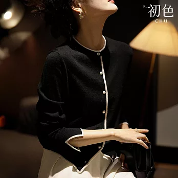 【初色】簡約風拚色邊線開衫修身圓領單排釦長袖針織衫上衣女上衣-共3色-37769(F可選) F 黑色