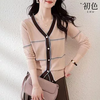 【初色】法式撞色縫線條紋拼接V領顯瘦單排釦長袖針織衫上衣女上衣-共2色-37287(F可選) F 杏色