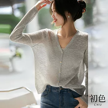 【初色】涼爽透氣防曬遮陽涼感空調V領長袖寬鬆中大尺碼開衫薄針織罩衫外套-共4色-69550(F可選) F 灰色