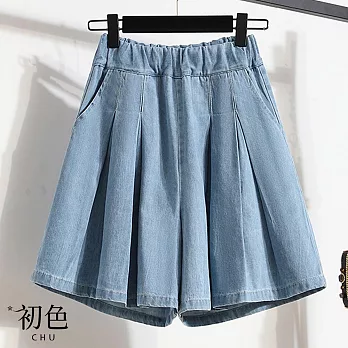 【初色】純色打褶褲裙寬鬆中大尺碼牛仔褲休閒褲五分褲寬褲闊腿短褲-共2色-34522(M-4XL可選) M 淺藍色