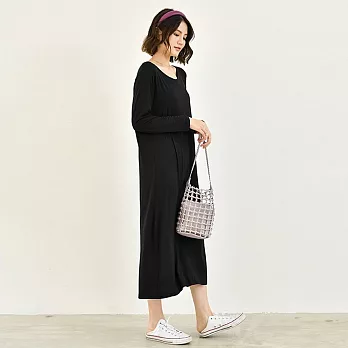 AnZa】圓領莫代爾長袖洋裝連身裙(4色)     M 黑色