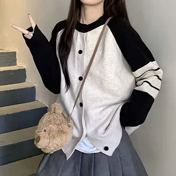 【AnZa】條紋撞色學院風保暖休閒針織外套(2色)     FREE 米色