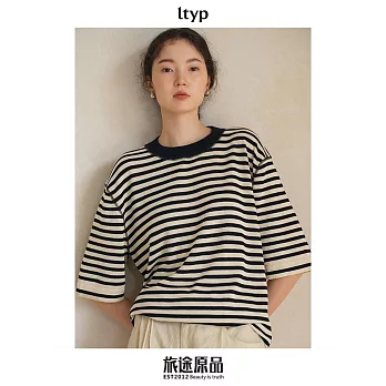 ltyp旅途原品 真絲亞麻棉經典升級條紋T恤休閒拼接撞色短袖上衣女 M L  L 黑杏條紋
