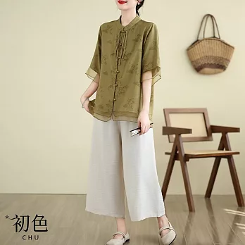 【初色】新中式復古立領盤扣五分袖襯衫＋鬆緊腰闊腿寬褲長褲寬鬆中大尺碼套裝-共2色-36705(2XL-4XL可選) 2XL 綠色