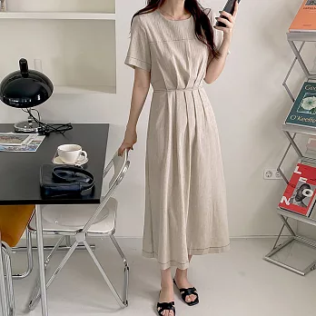 【ACheter】 韓國chic法式復古方領明線設計感短袖收腰顯瘦連身裙長洋裝# 124531 FREE 杏色