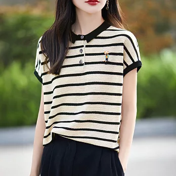 【MsMore】 條紋短袖特大碼POLO領寬鬆薄款冰絲針織衫短版上衣# 124630 FREE 條紋色