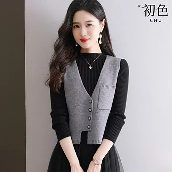【初色】休閒風純色胸口袋單排扣V領無袖針織開衫馬甲背心女背心-共4色-10733(F可選) F 灰色
